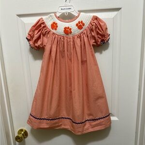 Clemson Tigers orange-and-white gingham smocked bishop dress toddler size 2